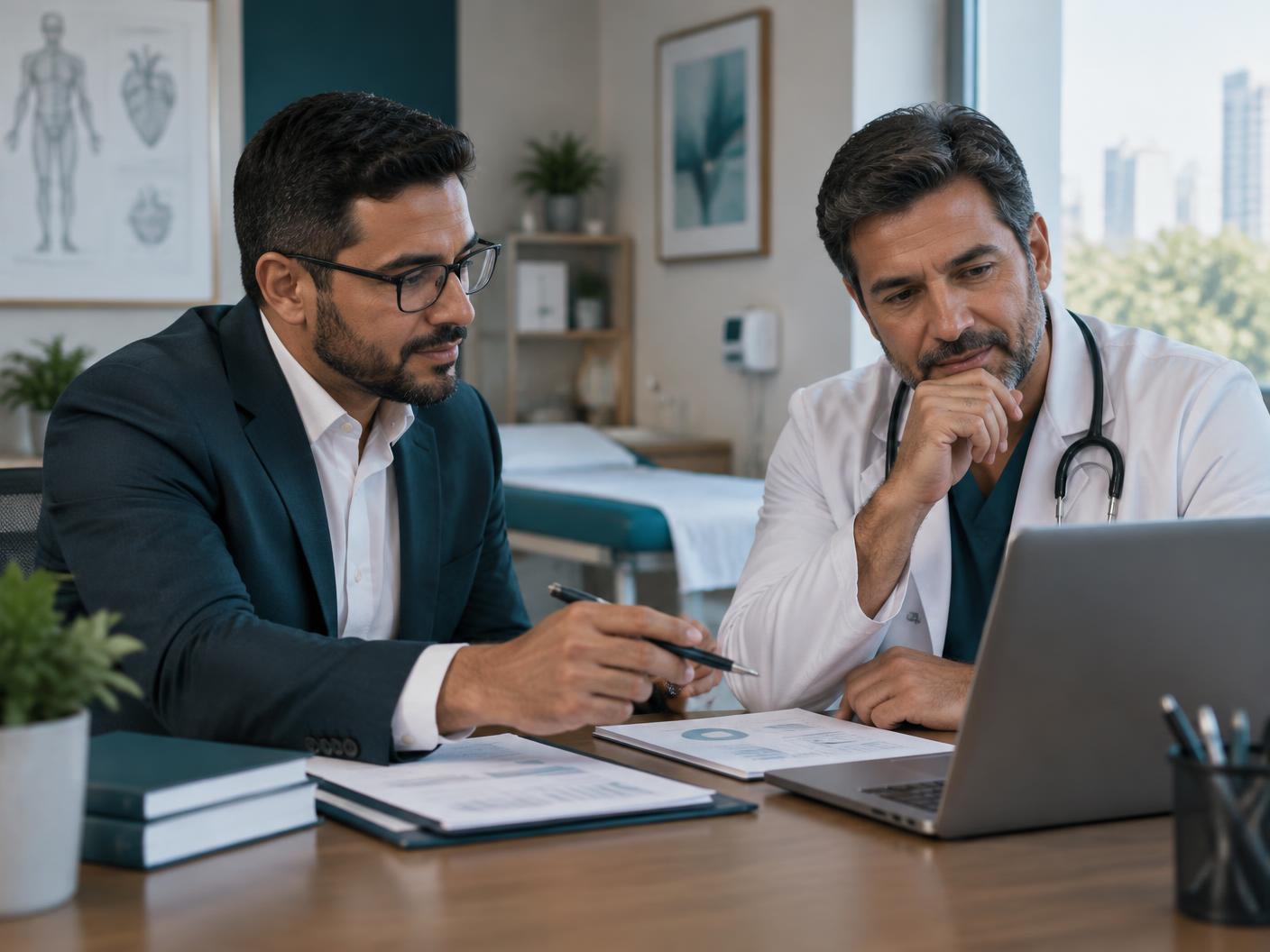 Consultor da MBO MED orientando um médico sobre o planejamento do negócio