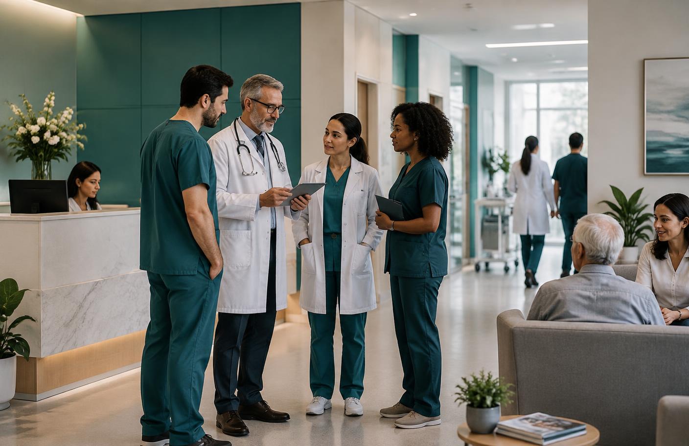 Equipe multidisciplinar em uma clínica médica estruturada