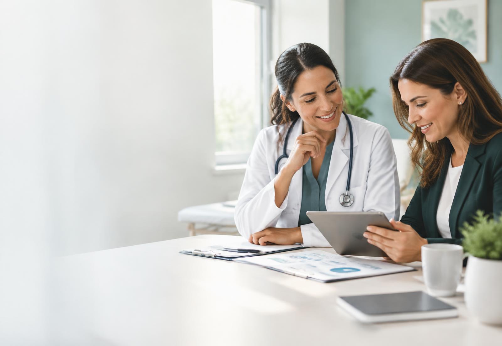 Médica e consultora analisando juntas a gestão de uma clínica